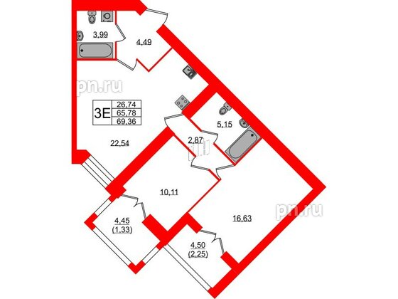 Квартира в ЖК Листва, 2 комнатная, 68.3 м², 12 этаж