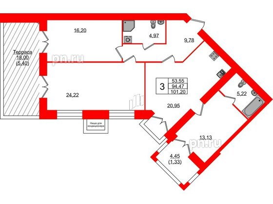 Квартира в ЖК Листва, 3 комнатная, 100.3 м², 13 этаж