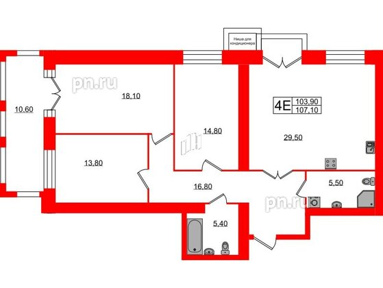 Квартира в ЖК Листва, 3 комнатная, 107.1 м², 3 этаж