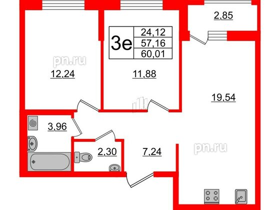 Квартира в ЖК ЦДС Новосаратовка «Город первых», 2 комнатная, 57.16 м², 14 этаж