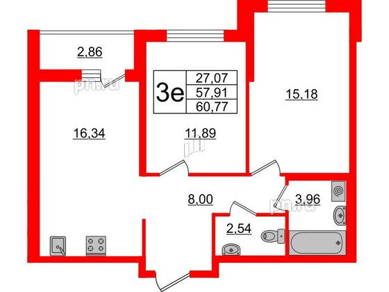 Квартира в ЖК ЦДС Новосаратовка «Город первых», 2 комнатная, 57.91 м², 14 этаж