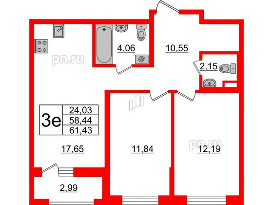 Квартира в ЖК ЦДС Новосаратовка «Город первых», 2 комнатная, 58.44 м², 2 этаж