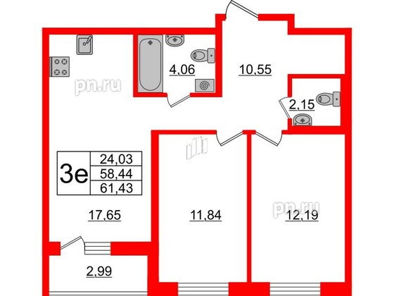 Квартира в ЖК ЦДС Новосаратовка «Город первых», 2 комнатная, 58.44 м², 3 этаж