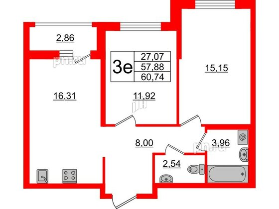 Квартира в ЖК ЦДС Новосаратовка «Город первых», 2 комнатная, 57.88 м², 14 этаж