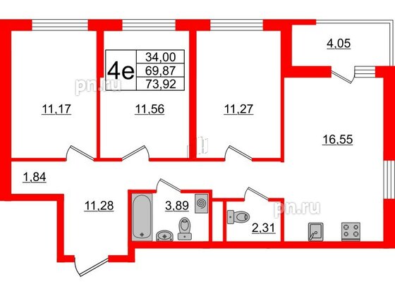 Квартира в ЖК ЦДС Новосаратовка «Город первых», 3 комнатная, 69.87 м², 18 этаж