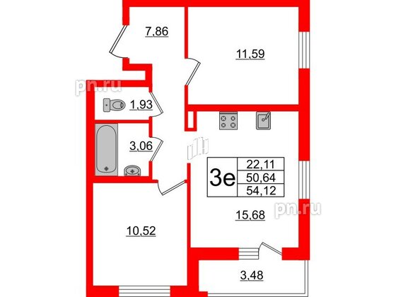 Квартира в ЖК ЦДС Новосаратовка «Город первых», 2 комнатная, 50.64 м², 19 этаж