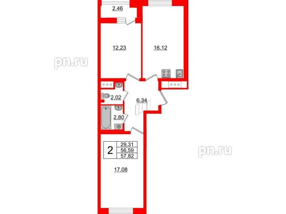 Квартира в ЖК Морская набережная 2, 2 комнатная, 57.82 м², 17 этаж