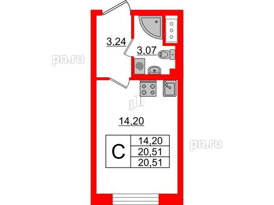 Квартира в ЖК Морская набережная 2, студия, 20.51 м², 17 этаж