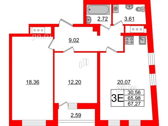 Квартира в ЖК Морская набережная 2, 2 комнатная, 67.27 м², 17 этаж