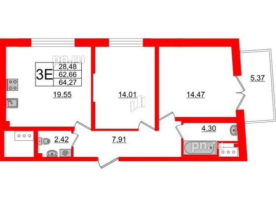 Квартира в ЖК Морская набережная 2, 2 комнатная, 64.27 м², 17 этаж