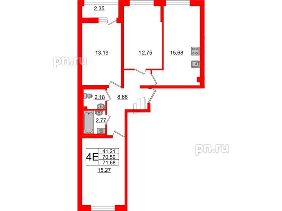 Квартира в ЖК Морская набережная 2, 3 комнатная, 73.2 м², 2 этаж