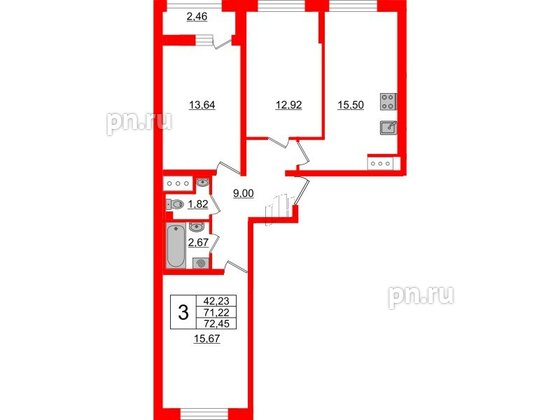 Квартира в ЖК Морская набережная 2, 3 комнатная, 72.45 м², 3 этаж