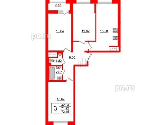 Квартира в ЖК Морская набережная 2, 3 комнатная, 72.45 м², 4 этаж