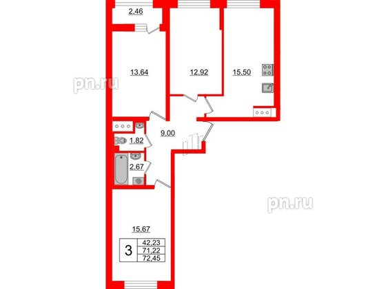 Квартира в ЖК Морская набережная 2, 3 комнатная, 72.45 м², 12 этаж