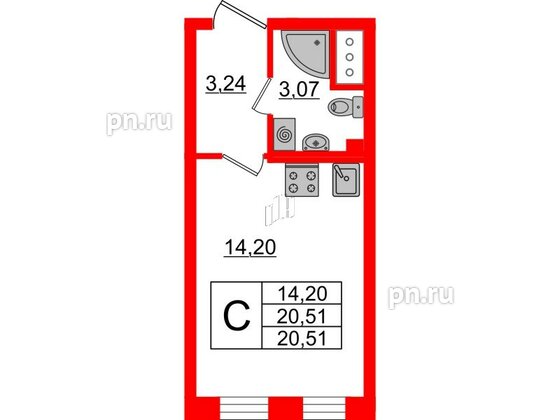 Квартира в ЖК Морская набережная 2, студия, 20.51 м², 17 этаж