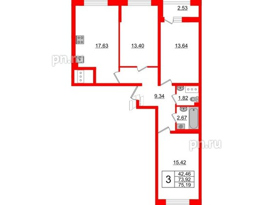 Квартира в ЖК Морская набережная 2, 3 комнатная, 75.19 м², 3 этаж