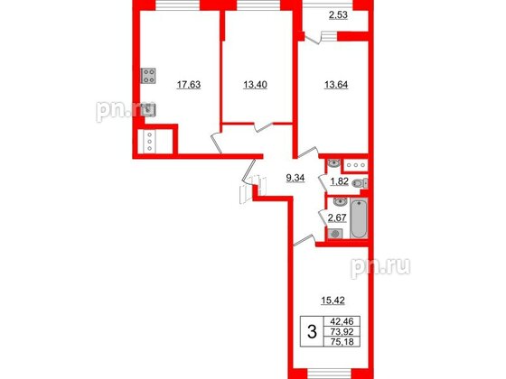 Квартира в ЖК Морская набережная 2, 3 комнатная, 74 м², 5 этаж