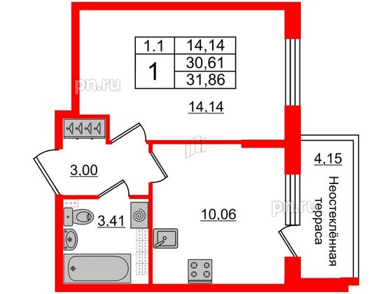 Квартира в ЖК 'Парадный ансамбль', 1 комнатная, 30.61 м², 5 этаж