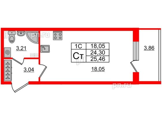 Квартира в ЖК «Парадный ансамбль», студия, 24.3 м², 3 этаж