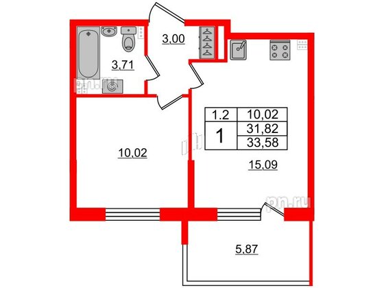 Квартира в ЖК 'Парадный ансамбль', 1 комнатная, 31.82 м², 3 этаж