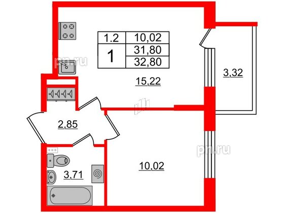 Квартира в ЖК 'Парадный ансамбль', 1 комнатная, 31.8 м², 2 этаж