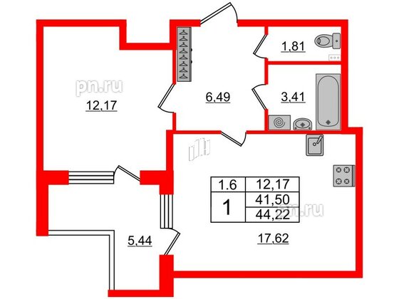 Квартира в ЖК 'Парадный ансамбль', 1 комнатная, 40.5 м², 1 этаж