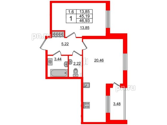 Квартира в ЖК 'Парадный ансамбль', 1 комнатная, 43.8 м², 2 этаж