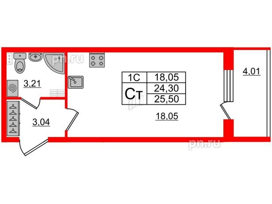 Квартира в ЖК «Парадный ансамбль», студия, 24.3 м², 3 этаж