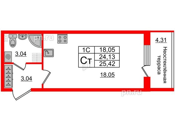 Квартира в ЖК «Парадный ансамбль», студия, 24.13 м², 5 этаж