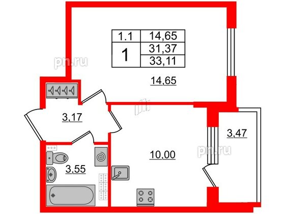 Квартира в ЖК «Парадный ансамбль», 1 комнатная, 31.37 м², 4 этаж