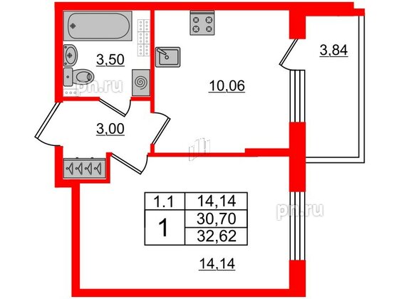 Квартира в ЖК 'Парадный ансамбль', 1 комнатная, 30.7 м², 4 этаж