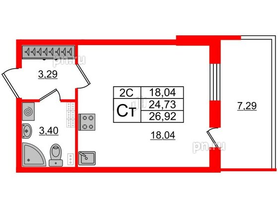 Квартира в ЖК «Парадный ансамбль», студия, 24.73 м², 4 этаж