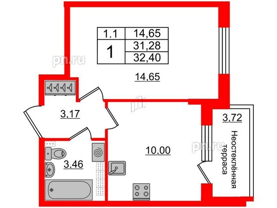 Квартира в ЖК «Парадный ансамбль», 1 комнатная, 31.28 м², 5 этаж