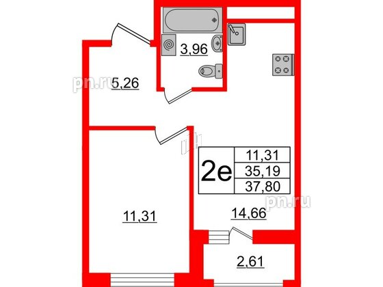 Квартира в ЖК ЦДС Мурино Space, 1 комнатная, 35.19 м², 14 этаж