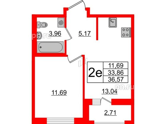 Квартира в ЖК ЦДС Мурино Space, 1 комнатная, 33.86 м², 11 этаж