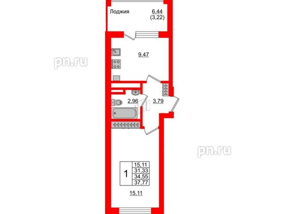 Квартира в ЖК «Стерео-4», 1 комнатная, 31.6 м², 5 этаж