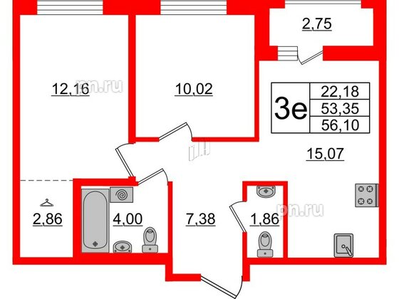 Квартира в ЖК ЦДС Мурино Space, 2 комнатная, 53.35 м², 16 этаж