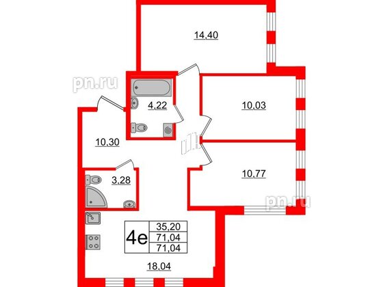 Квартира в ЖК ЦДС Мурино Space, 3 комнатная, 71.04 м², 1 этаж