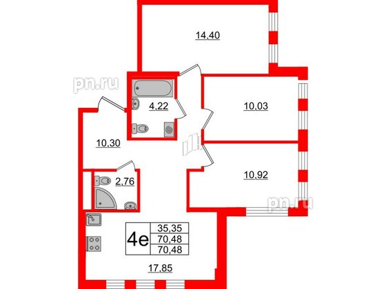 Квартира в ЖК ЦДС Мурино Space, 3 комнатная, 70.48 м², 2 этаж