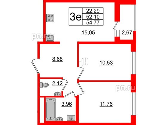 Квартира в ЖК ЦДС Мурино Space, 2 комнатная, 52.1 м², 17 этаж