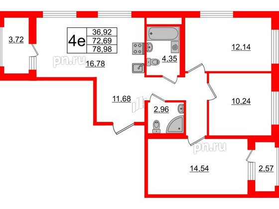 Квартира в ЖК ЦДС Мурино Space, 3 комнатная, 72.69 м², 12 этаж