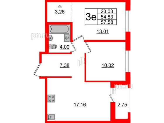 Квартира в ЖК ЦДС Мурино Space, 2 комнатная, 54.83 м², 14 этаж