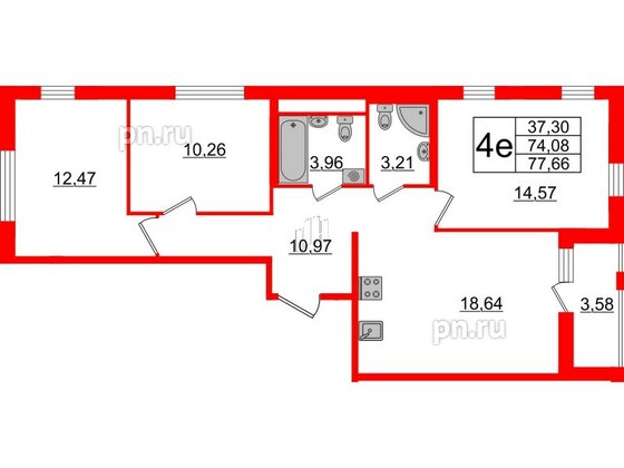 Квартира в ЖК ЦДС Мурино Space, 3 комнатная, 74.08 м², 6 этаж