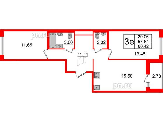 Квартира в ЖК ЦДС Мурино Space, 2 комнатная, 57.64 м², 6 этаж