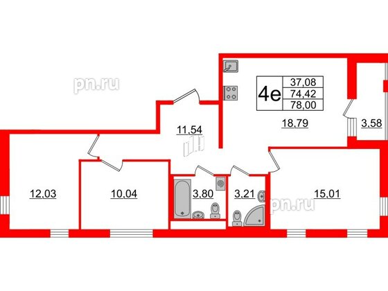 Квартира в ЖК ЦДС Мурино Space, 3 комнатная, 74.42 м², 4 этаж