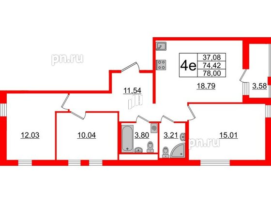 Квартира в ЖК ЦДС Мурино Space, 3 комнатная, 74.42 м², 11 этаж