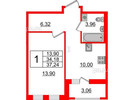 Квартира в ЖК ЦДС Мурино Space, 1 комнатная, 34.18 м², 15 этаж