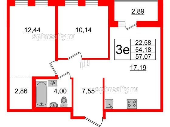 Квартира в ЖК ЦДС Мурино Space, 2 комнатная, 54.18 м², 15 этаж