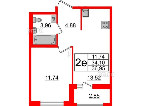 Квартира в ЖК ЦДС Мурино Space, 1 комнатная, 34.1 м², 13 этаж