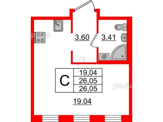 Квартира в ЖК ЦДС Мурино Space, студия, 26.05 м², 1 этаж